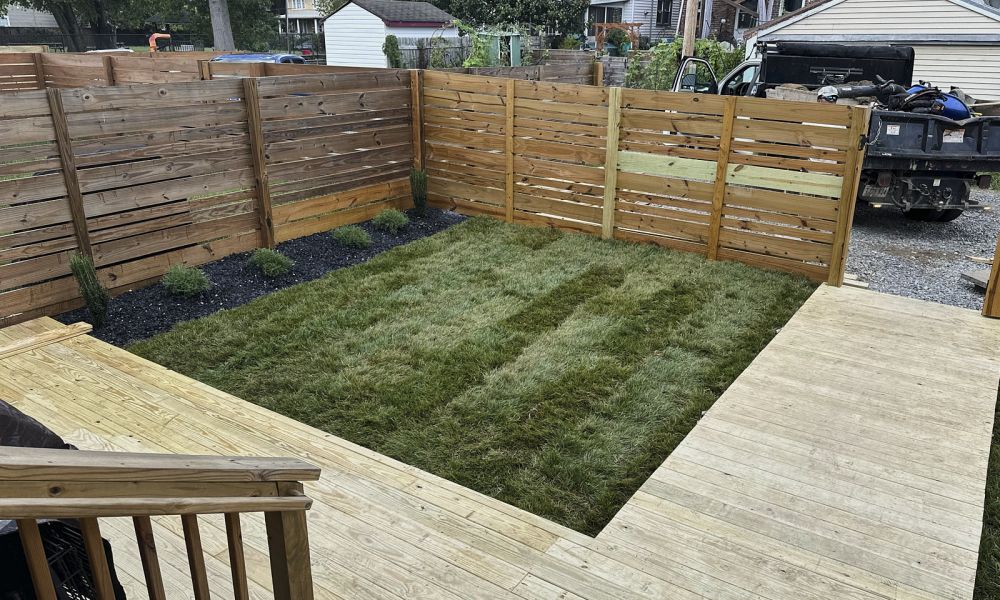 Excellent outdoor landscaping with wooden pathways